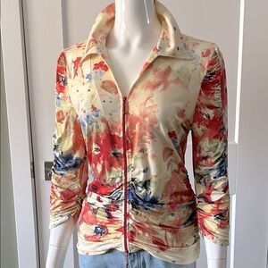 Joseph Ribkoff Ruched Watercolor Zip Top